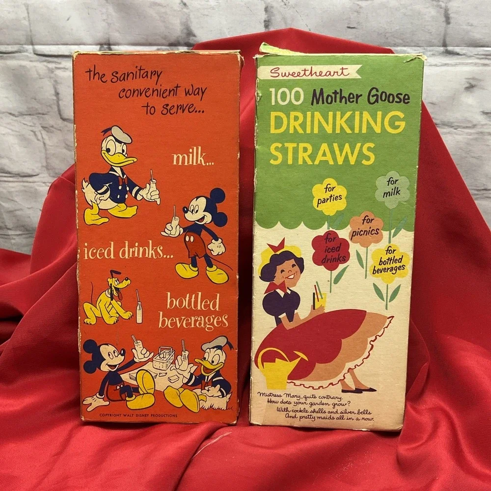 100 Boxed 50 Vintage Plastic Drinking Sunshine Straws Donald Duck & Mother Goose
